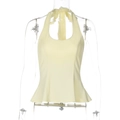 Detail eines hellgelben Neckholder-Tops mit schmaler Taille und ausgestelltem Schößchen - S / Hellgelb