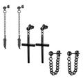 Detailed set of black stainless steel earrings featuring cross, feather and chain pendants - Set 9 (Black - Feather Chain/Cross/U-Chain)