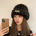 Thick plush bear style knitted hat for women in classic black with metal logo detail - Metal Label-Black