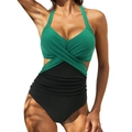 One-piece swimsuit with emerald green crisscross halter neck and black ruched tummy control - Green + Black