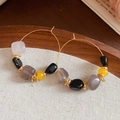 Close-up of bohemian gold hoop earrings with colorful agate beads on rustic wood - Bohemian Vintage Large Hoop Colorful Stone Drop Earrings (31# Ear Clip-Gold-Grey-Black)