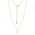 Detail of stainless steel cross necklace with white beads and s.steel hallmark engraving - White
