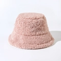 Close-up detail showing the soft fuzzy texture of a pink plush winter bucket hat - M(56-58cm) / Pink