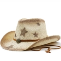 Beige western straw cowboy hat with brown star print and adjustable wind lanyard - Brown