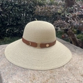 Beige wide brim straw sun hat featuring a brown leather strap and golden metal buckles - M (56-58cm) / Belt Buckle Beige