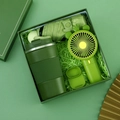 Green business gift set featuring a folding umbrella, vacuum flask, and portable mini fan - [Olive Green] Cup + Umbrella + Fan