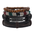 Detail of four-piece retro multilayer bracelet set featuring wood beads, leather, and faith plate - RH257-6 (Faith Lettering Set)