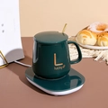Dark green ceramic mug heater set with golden Lucky logo and matching heating base - Set (Gravity Sensing/USB) / Dark Green