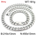 Silver stainless steel Miami Cuban chain set with polished 13mm necklace and bracelet - Style B (13mm) / Bracelet 21cm + Necklace 45cm / Steel
