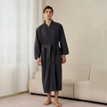 Men's dark grey waffle texture bathrobe with classic V-neck and adjustable waist tie - M / Dark Cyan Grey [Men]