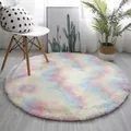 Detailed texture of round plush rainbow rug with soft gradient shaggy faux fur pile - 80*80cm / Gradient Rainbow