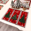 Red Christmas placemat featuring three green trees and white dots for holiday table decor - Christmas Tree Style (J-CZ04)