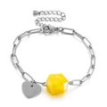 Adjustable stainless steel chain bracelet with a heart pendant and faceted yellow stone - Silver Yellow Hexagonal Bead (KB145368-Z)