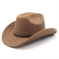 Detail of warm brown felt cowboy hat with leather band, floral pattern and metal eyelets - M (56-58cm) / Khaki