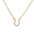 Detailed close-up of golden horseshoe pendant necklace with clear zircon stones - Gold Zirconia U-Shaped Necklace
