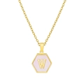 Minimalist gold hexagon necklace with pink stone inlay featuring letter W pendant - Pink Shell W