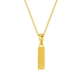 Golden rectangular pendant necklace with dotted scale texture on a fine link chain - Letter I
