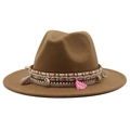 Sombrero fedora de lana marrón con detalles de conchas y borlas bohemias - Talla Única 58cm / Camel Oscuro