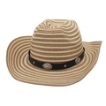 Detail of hand-woven striped straw cowboy hat with a black leather band and silver buckles - Camel & Beige Stripe (With Wind Rope)
