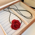 French luxury red fabric rose necklace with minimalist black cord and 3D floral pendant - Necklace-Red (Small)