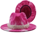Cappello fedora in lana tie-dye rosa e bianco con elegante fascia di finte perle - M (56-58cm) / Tie-dye rosa e bianco (2)