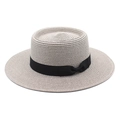 Detail of fine straw weaving and black ribbon bow on light beige boater hat - M (56-58cm) / Gray
