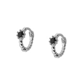 Close-up of small silver hoop earrings featuring black gemstones and crown prongs - Black Silver