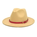 Classic wool fedora hat in khaki with a decorative red leather belt and gold buckle - M(56-58cm) / Beige
