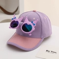 Detailed close-up of corduroy baseball cap with removable purple decorative sunglasses - Kids approx 3-10 years / Purple