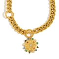 18K gold plated Cuban link necklace with colorful zircon compass pendant and OT toggle clasp - Gold Multicolor