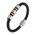 Bracelet tressé en cuir noir pour homme avec perles dorées et argentées et fermoir magnétique - 19cm / Acier-Or