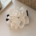 Elegant cream white chiffon bow hair clip with black banana vertical clamp design - White
