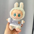 Green bunny-ear hat and gray knitted sweater outfit for Labubu plush doll variant - Blue Smiley Face Circus Shirt / First And Second Generation Keychains Are Compatible With La Cloth Dolls. Dolls Not Included.