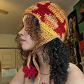 Handmade crochet knit cat ear beanie with red stars and pom-poms in warm orange tones - Adult 56-59cm / Yellow Colorful (Round Top)