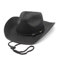 Black western cowboy straw hat with wide brim, chin strap and vintage metal buckle - M (56-58cm) / Black
