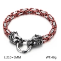 Men's silver and red byzantine steel bracelet with twin lion heads, 210mm length - Red (KB150543-Z)