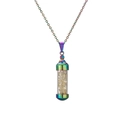 Détail du pendentif flacon de parfum multicolore rempli de petites pierres claires - Citrine
