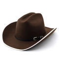 Classic dark brown western cowboy wool hat with white fabric trim and vintage buckle - M(56-58CM) Adjustable / Coffee with White Binding