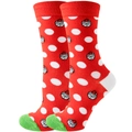 Gros plan de chaussettes festives rouges à pois blancs avec un motif de chiot de Noël - Ours Blanc à Pois de Noël Rouge