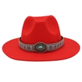 Détail d'un chapeau fedora rouge en laine avec ruban turquoise et dentelle métallique - M (56-58cm) / Rouge Orangé