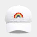 Close-up of rainbow embroidery detail on a premium white cotton baseball cap - Adjustable / White