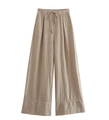 Detailansicht der beigen High-Waist-Hose mit weitem Bein und elastischem Kordelzugbund - XS / Unterteile / Aprikose