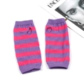 Close-up of purple and pink striped knitted arm warmers with thumb holes on white base - One Size / Purple Rose Striped