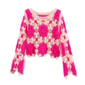 Detail of flower crochet pattern on long sleeve knit top in pink and beige colors - XS / Rose Red