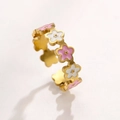 Adjustable 18K gold-plated ring featuring pink and white enamel flowers with stars - Gold (Pink & White Flower)