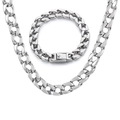 Polished silver stainless steel cuban link chain necklace and bracelet jewelry set for men - Necklace Bracelet Set (KB23629-D)