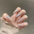 Long ballet style press-on nails with iridescent aurora cat eye effect in purple-blue - By1721 A Thousand Charms / Phototherapy Glue Style