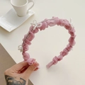 Sweet pink pleated fabric headband decorated with white pearls and sparkling rhinestones - 220539 Pink