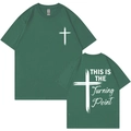 Dark green cotton t-shirt with Turning Point print and white cross on the back - Dark Green