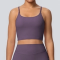 Front view of purple yoga bra with thin straps and smooth elastic athletic fabric - S / Tops / Eggplant Purple